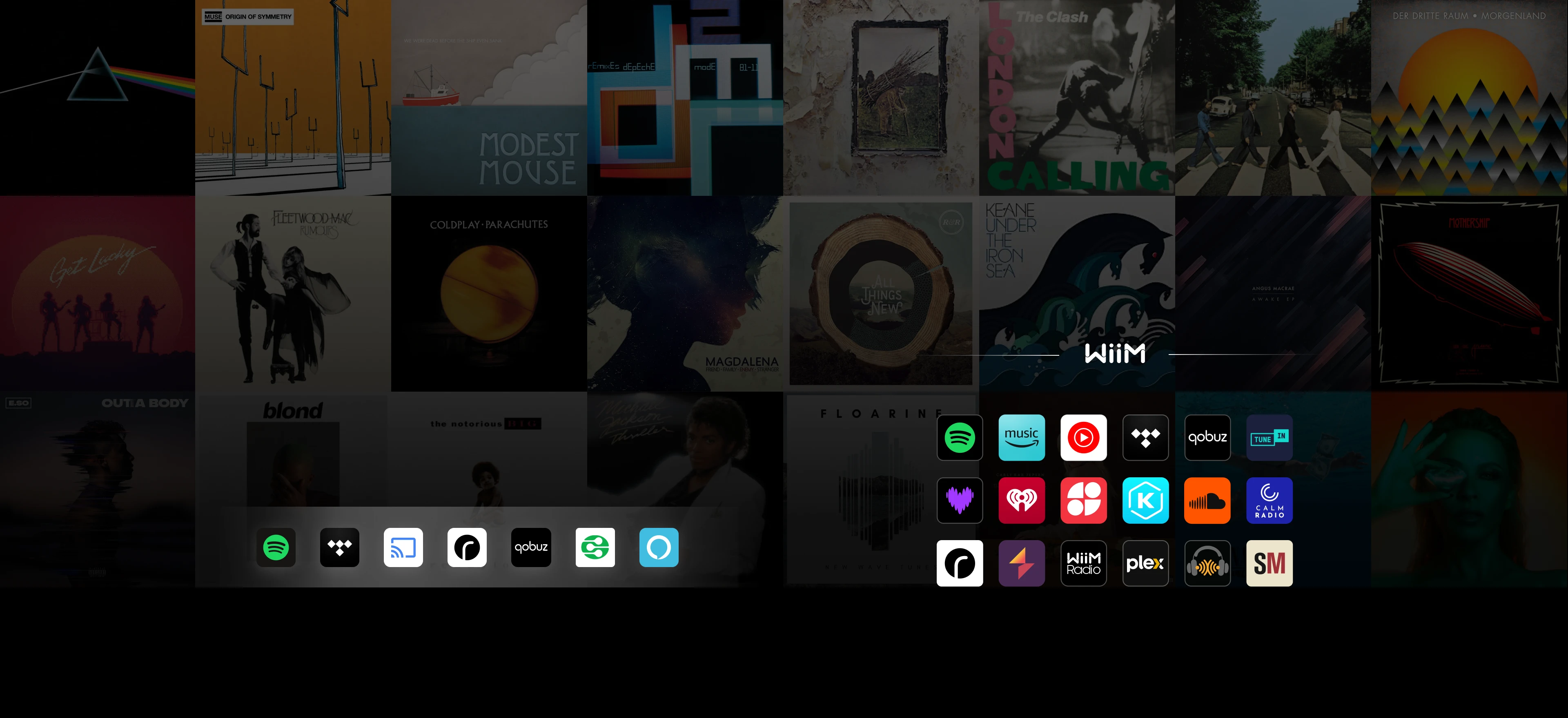 Wall of album artwork with supported streaming service logos
