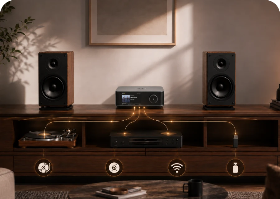 WiiM Amp Ultra on a sideboard with streaming, turntable, Wi-Fi and USB source icons