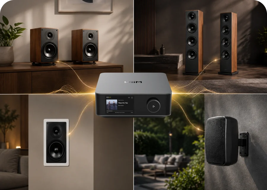 WiiM Amp Ultra driving bookshelf, tower, in-wall and outdoor passive speakers