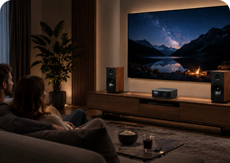 Living room with a large TV, floor-standing speakers and WiiM Amp Ultra below the screen