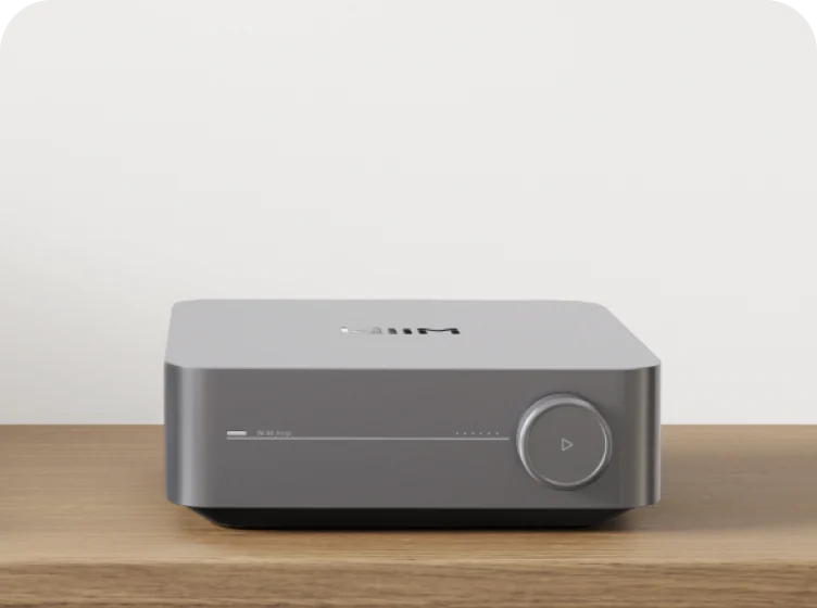 WiiM Amp in silver on a wooden surface