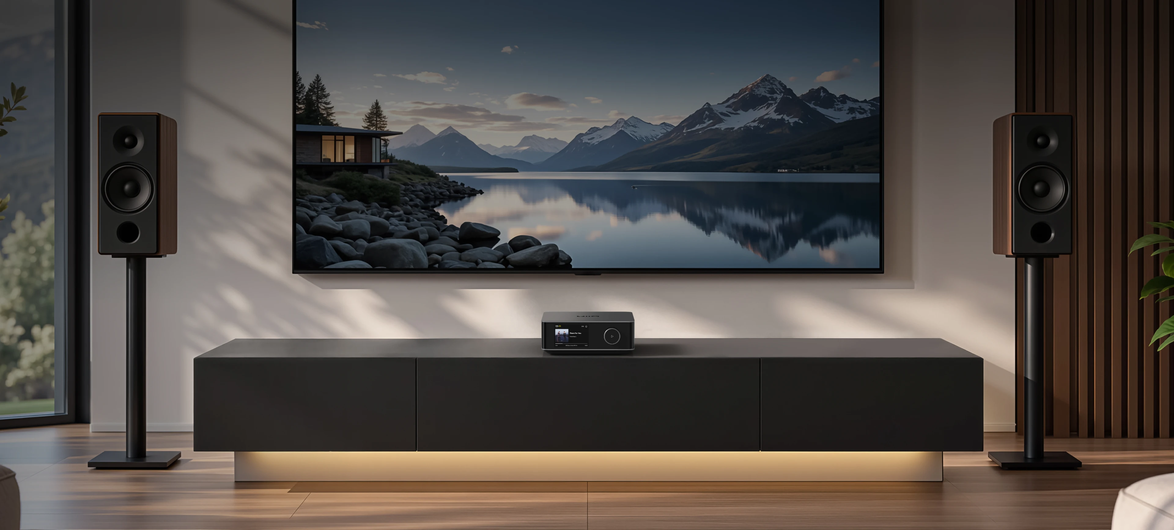 WiiM Amp Ultra on a media console between bookshelf speakers in a warmly lit living room