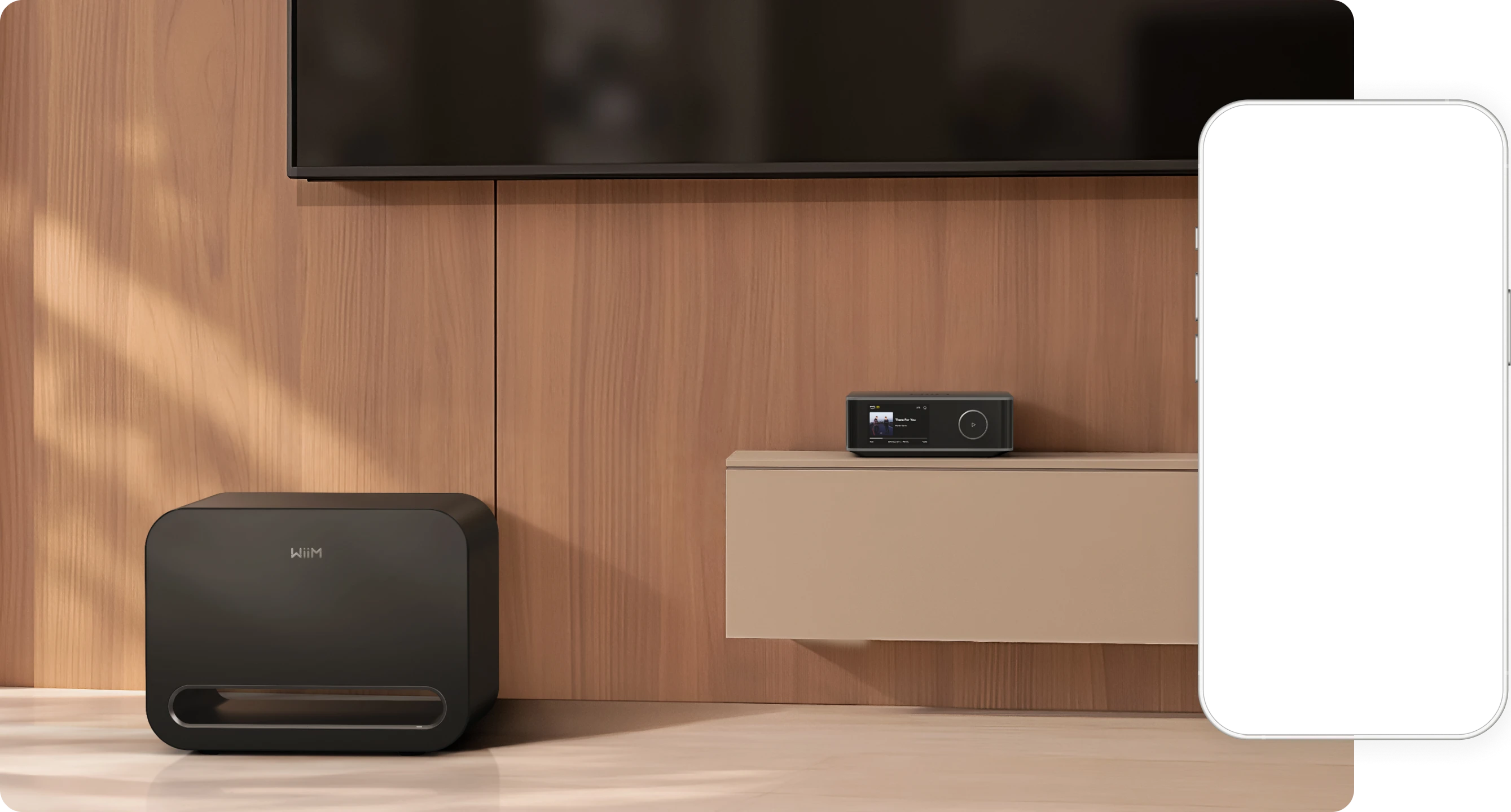 WiiM Amp Ultra and a powered subwoofer in a warmly lit listening room