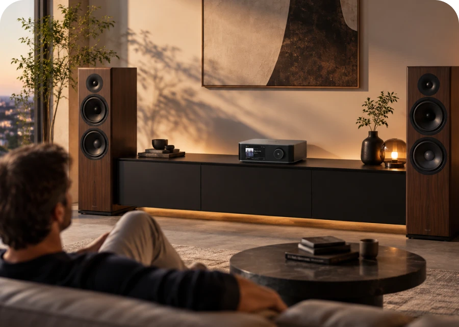 A man relaxing on a sofa in a living room with WiiM Amp Ultra and floor-standing speakers