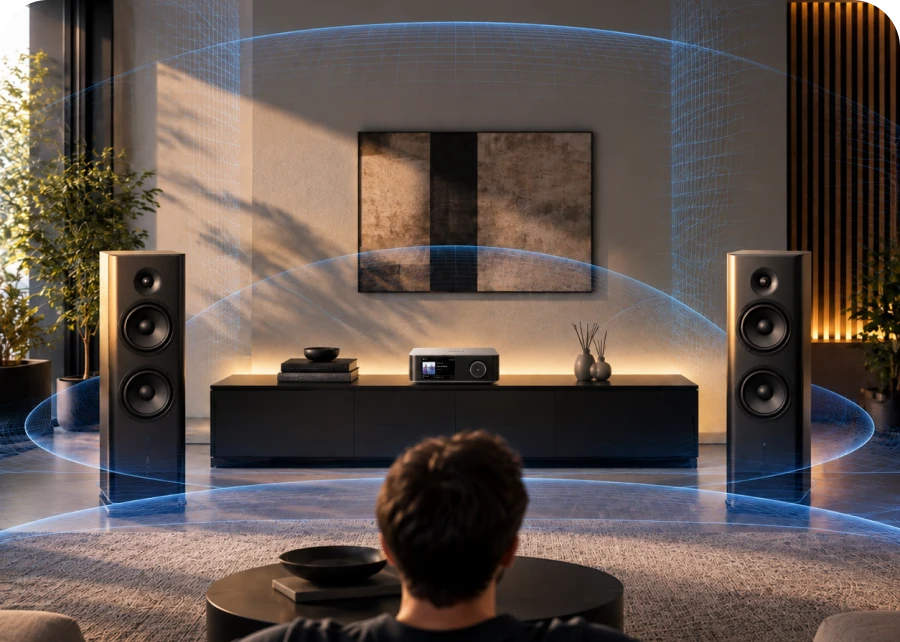 A listener in a living room with sound waves from WiiM Amp Ultra room correction filling the space