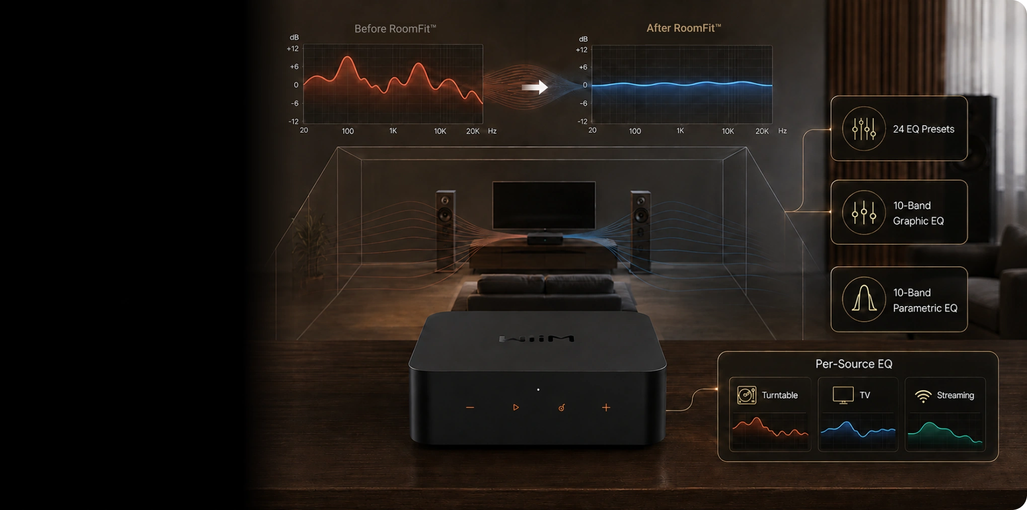 WiiM Pro RoomFit room correction and EQ tuning options