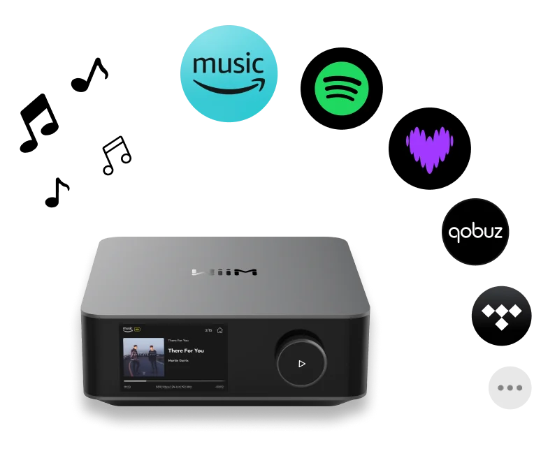WiiM Amp Ultra playing music from streaming services and physical audio sources
