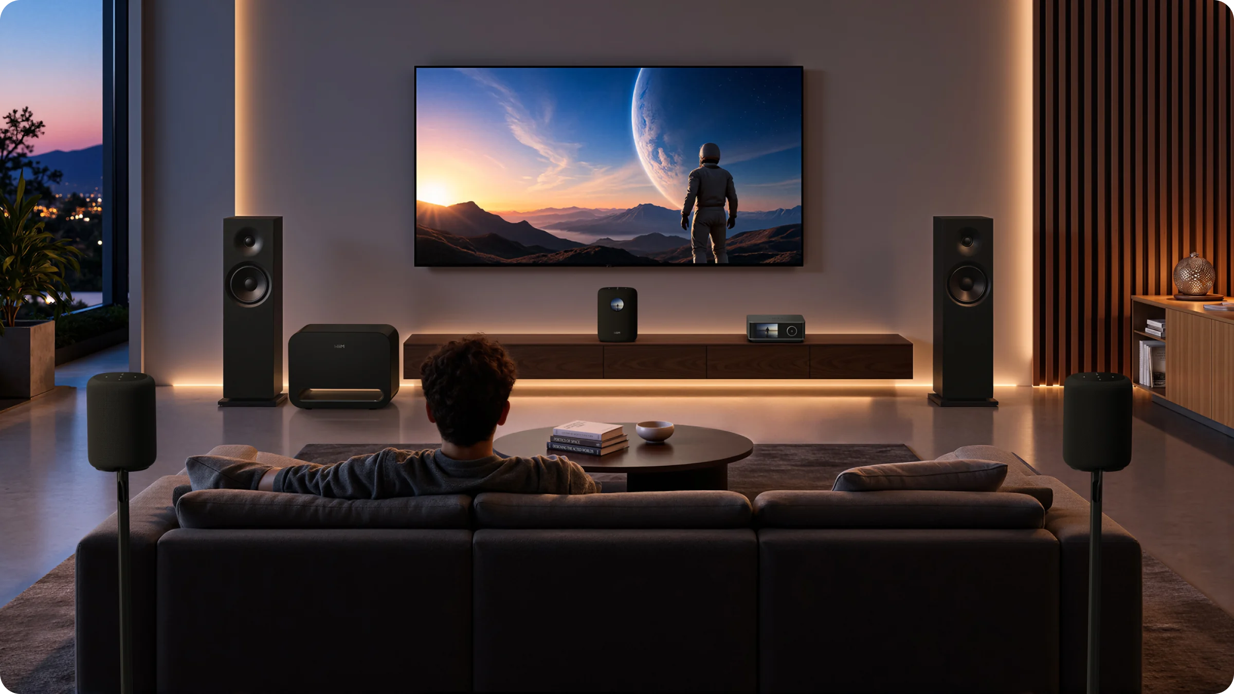 A 5.1 home theater built around WiiM Amp Ultra, passive front speakers, a powered subwoofer and compatible WiiM surround devices