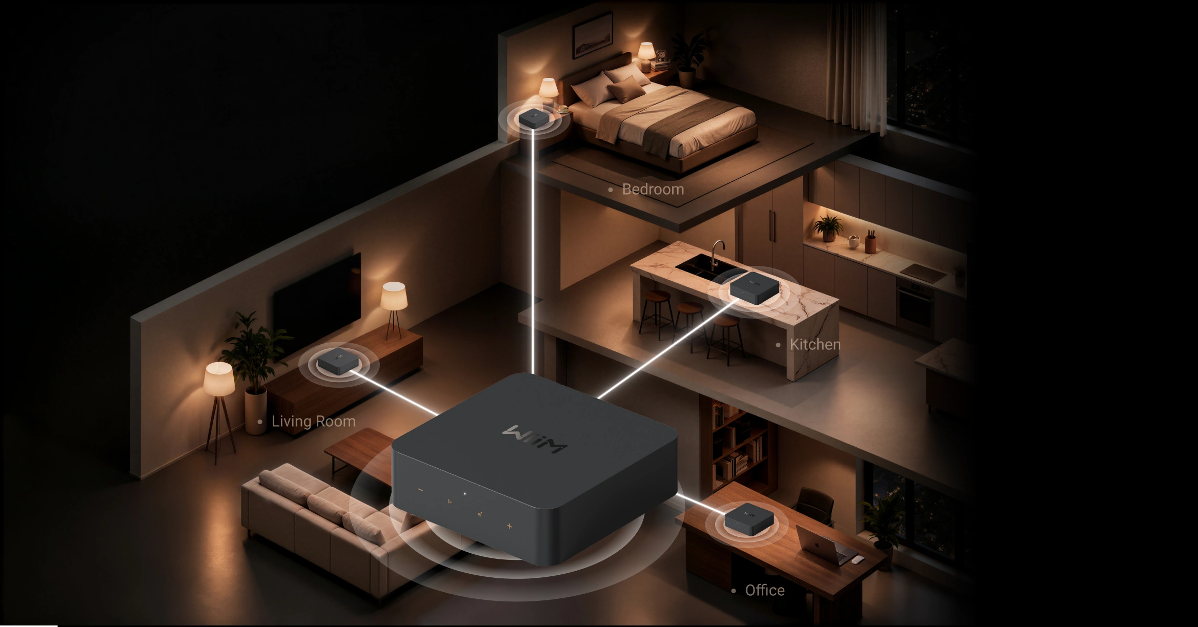 WiiM Pro synchronizing music throughout a multi-room home through the WiiM Home app